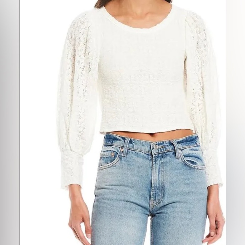 Free People Women’s Tea Time Round Neck Long Puff Sleeve Lace Top white Size M